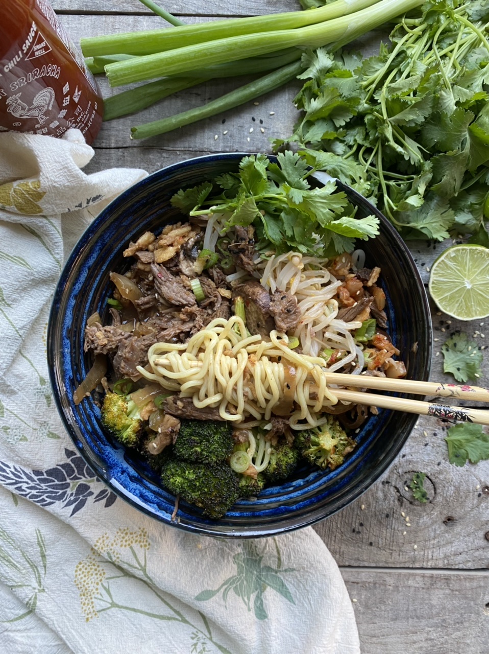 DB875A92 2C69 45A0 BB5B 9244C481B277 - Slow Cooker Asian Ginger Noodles with Spicy Pulled Beef & Roasted Broccoli