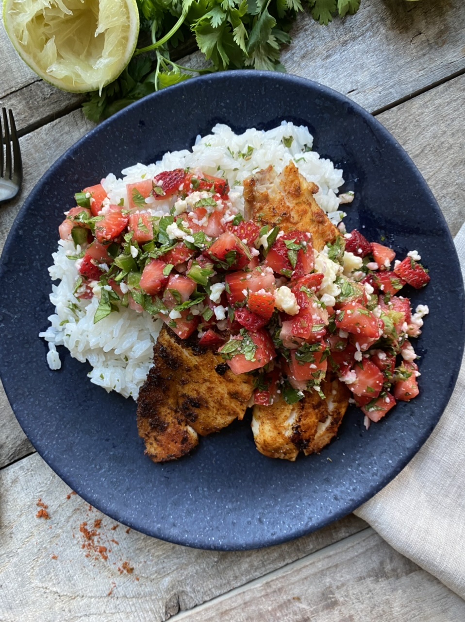 EE9B4444 44CE 48F3 8077 F9FCE3F28F54 - Citrusy Pan-Seared Tilapia with Strawberry Salsa & Coconut Rice