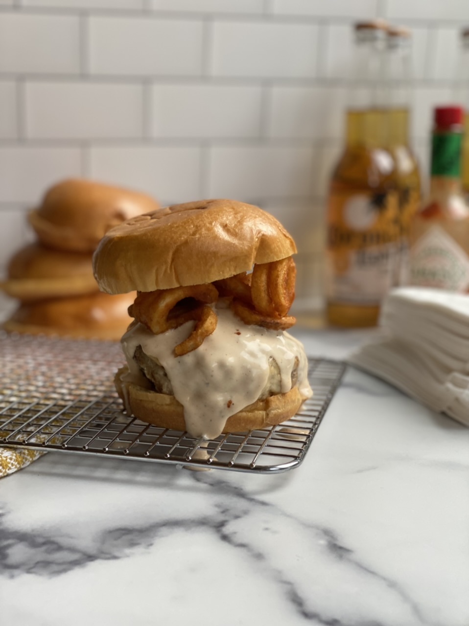 6BAAD378 1647 4B4B B304 D5B416097AB0 - Cajun Turkey Cheeseburgers topped with Seasoned Curly Fries